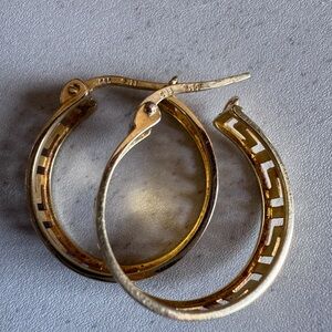14K Greek Key Hole Cut Out Design Gold Hoop Earrings 585